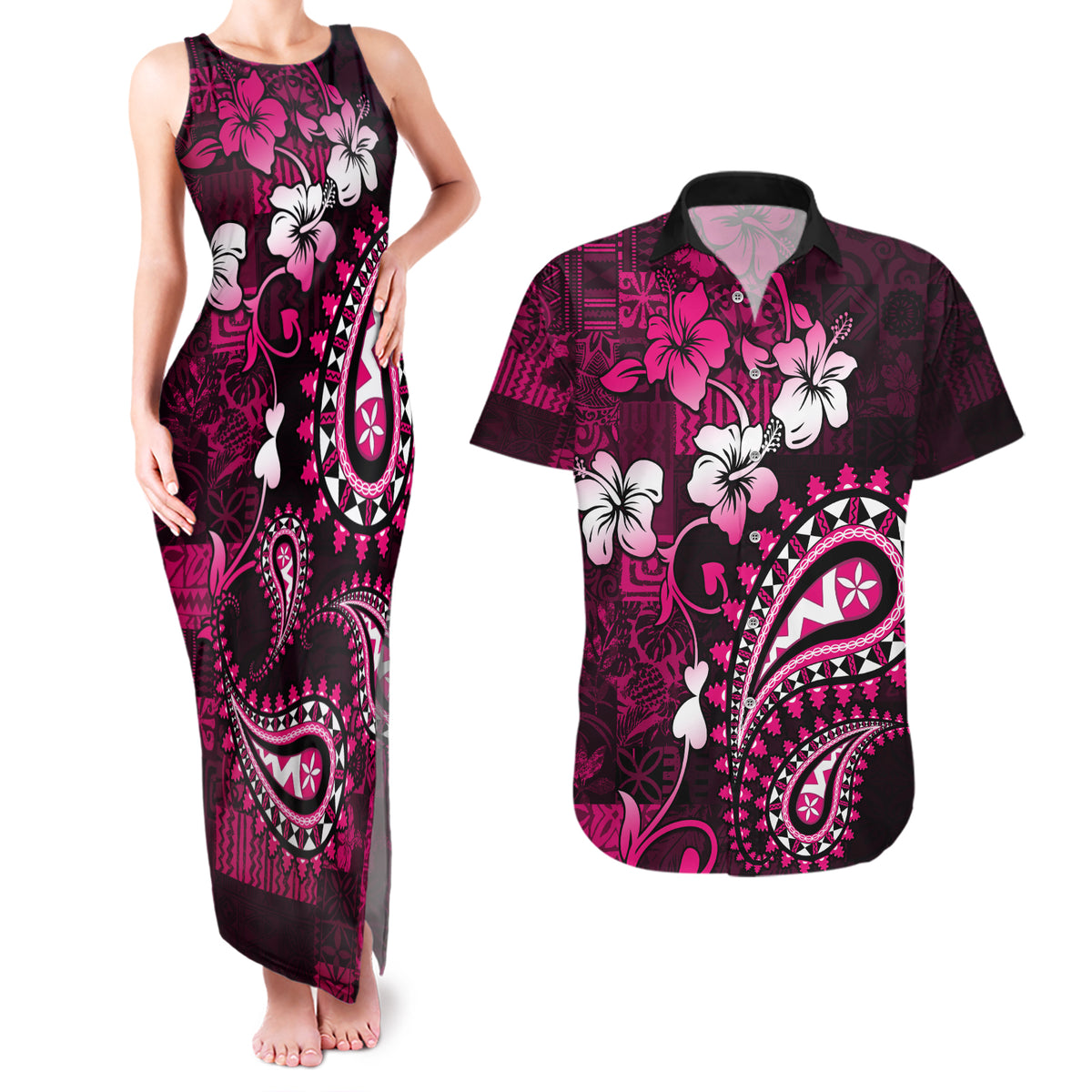Fiji Masi Paisley With Hibiscus Tapa Couples Matching Tank Maxi Dress and Hawaiian Shirt Pink Version LT01 Pink - Polynesian Pride