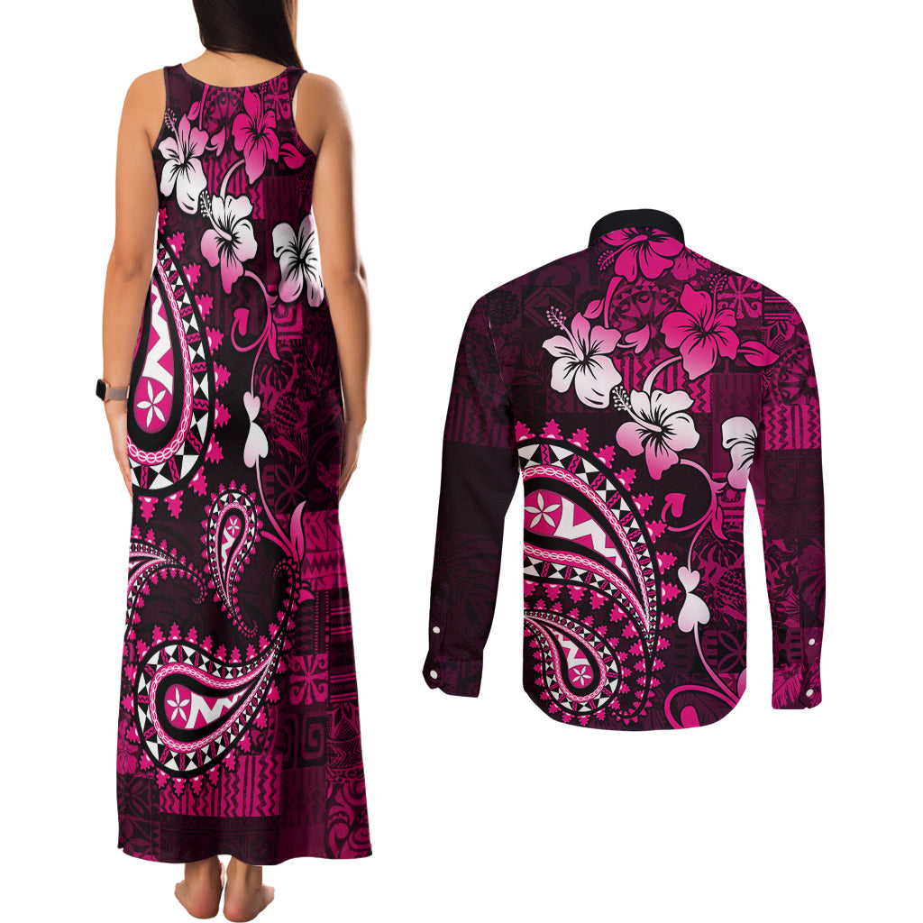 Fiji Masi Paisley With Hibiscus Tapa Couples Matching Tank Maxi Dress and Long Sleeve Button Shirt Pink Version LT01 - Polynesian Pride