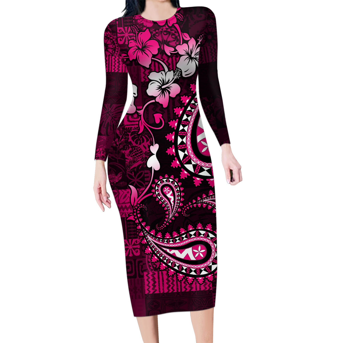 Fiji Masi Paisley With Hibiscus Tapa Family Matching Long Sleeve Bodycon Dress and Hawaiian Shirt Pink Version LT01 Mom's Dress Pink - Polynesian Pride