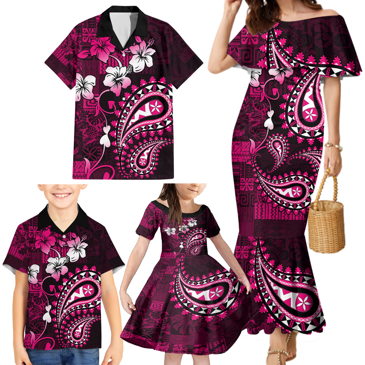 Fiji Masi Paisley With Hibiscus Tapa Family Matching Mermaid Dress and Hawaiian Shirt Pink Version LT01 - Polynesian Pride