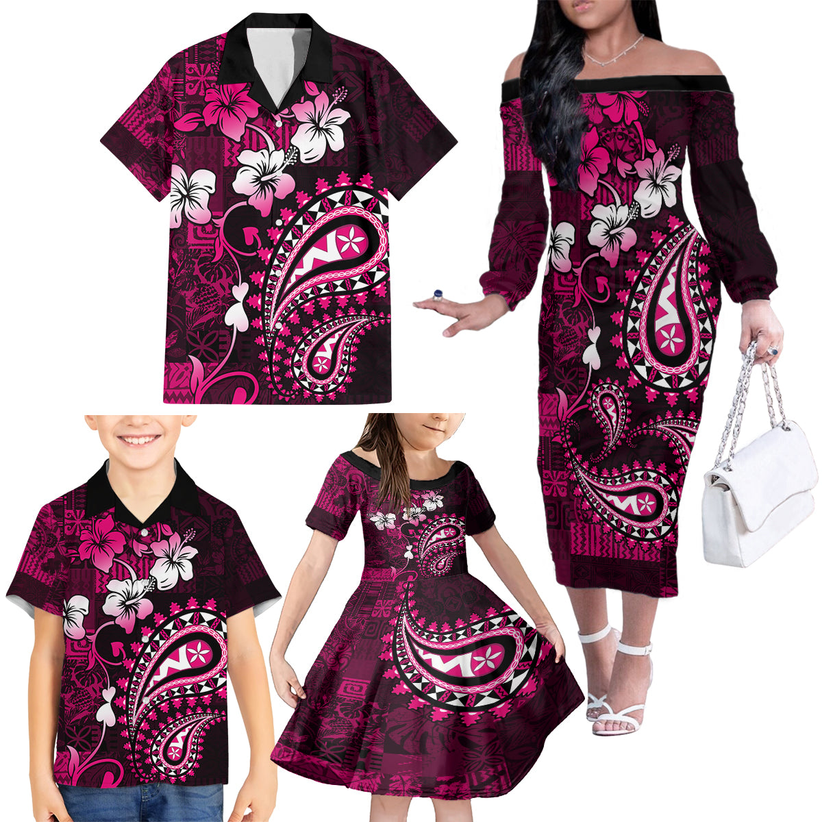 Fiji Masi Paisley With Hibiscus Tapa Family Matching Off Shoulder Long Sleeve Dress and Hawaiian Shirt Pink Version LT01 - Polynesian Pride