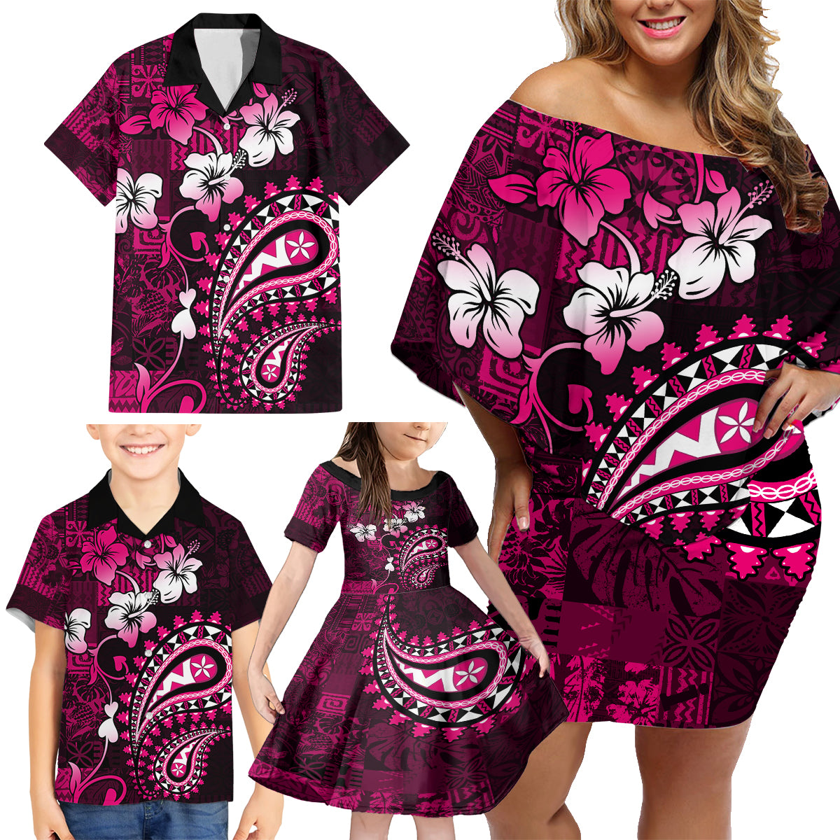 Fiji Masi Paisley With Hibiscus Tapa Family Matching Off Shoulder Short Dress and Hawaiian Shirt Pink Version LT01 - Polynesian Pride