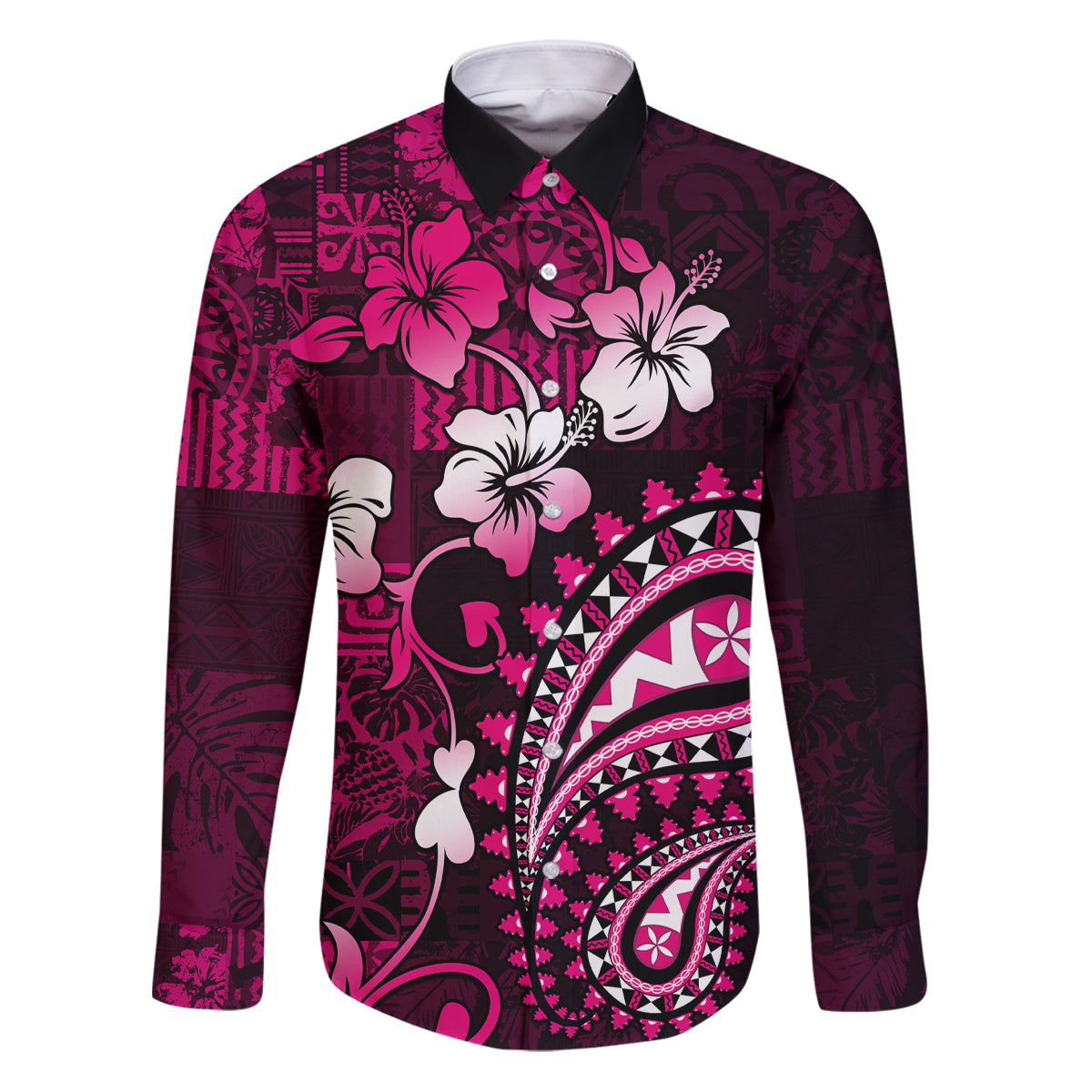Fiji Masi Paisley With Hibiscus Tapa Family Matching Puletasi Dress and Hawaiian Shirt Pink Version LT01 Dad's Shirt - Long Sleeve Pink - Polynesian Pride