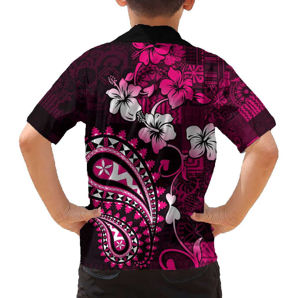 Fiji Masi Paisley With Hibiscus Tapa Family Matching Tank Maxi Dress and Hawaiian Shirt Pink Version LT01 - Polynesian Pride