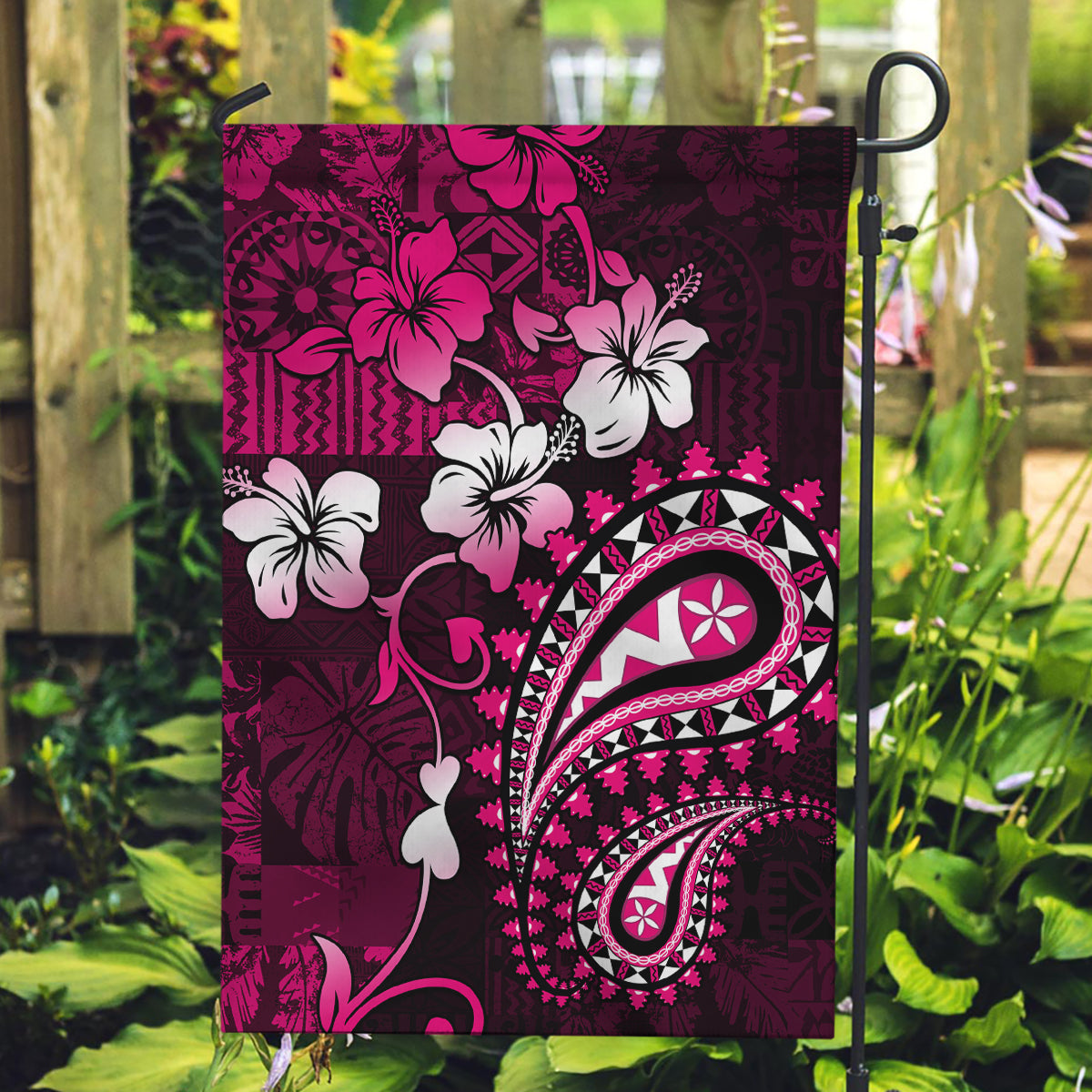 Fiji Masi Paisley With Hibiscus Tapa Garden Flag Pink Version LT01 Garden Flag Pink - Polynesian Pride