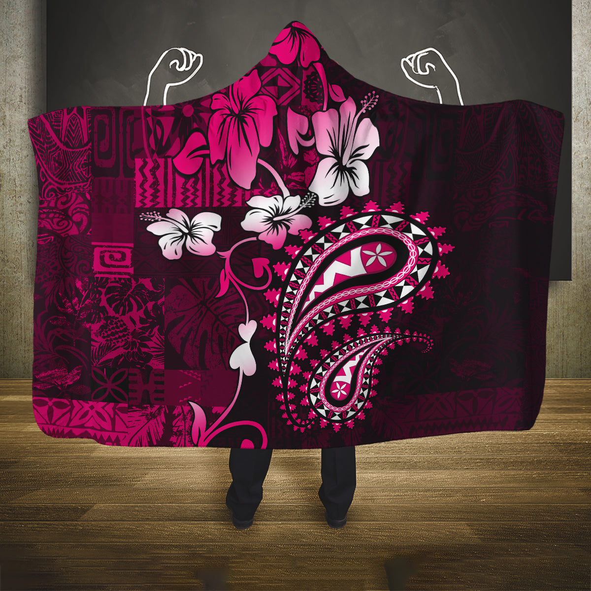 Fiji Masi Paisley With Hibiscus Tapa Hooded Blanket Pink Version LT01 One Size Pink - Polynesian Pride