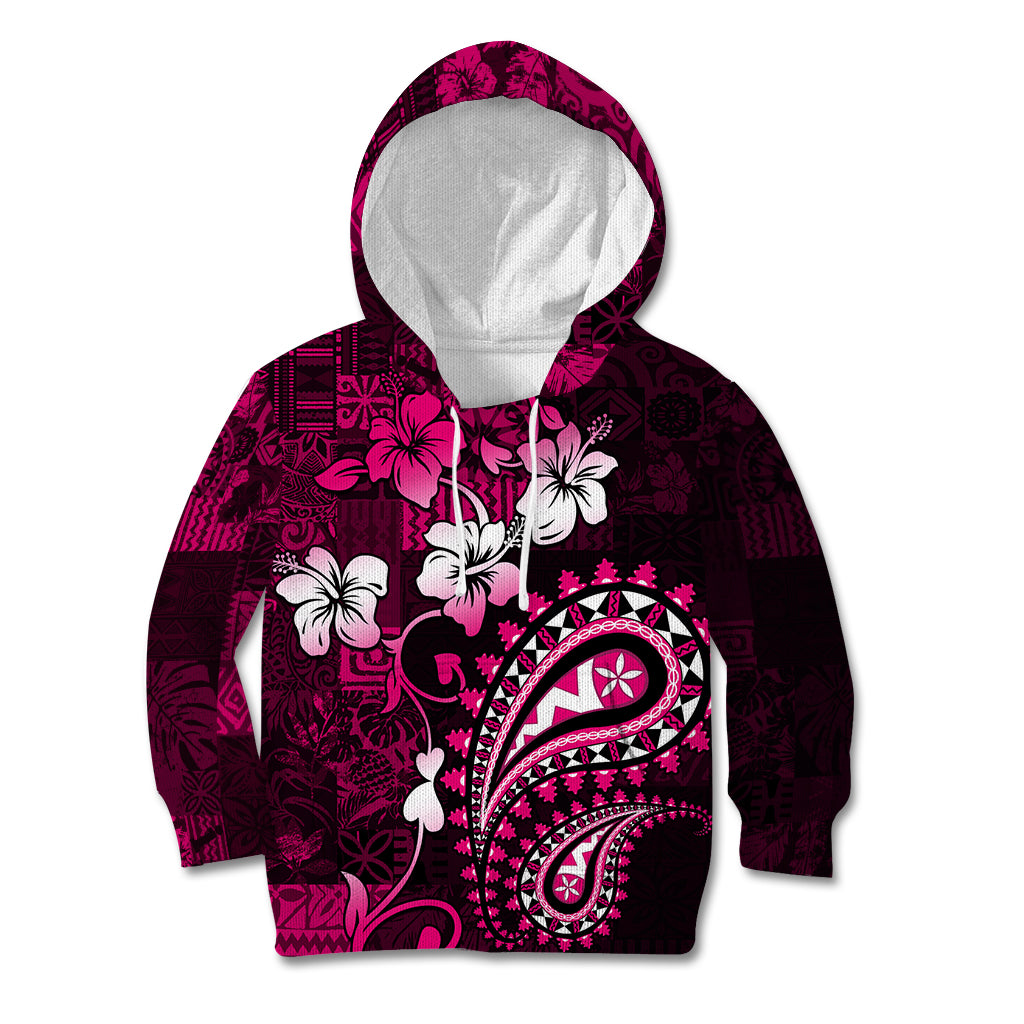 Fiji Masi Paisley With Hibiscus Tapa Kid Hoodie Pink Version LT01 Pink - Polynesian Pride