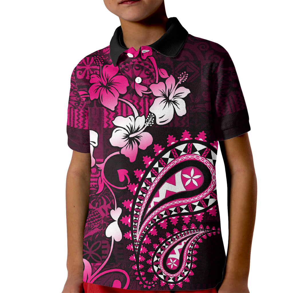 Fiji Masi Paisley With Hibiscus Tapa Kid Polo Shirt Pink Version LT01 Kid Pink - Polynesian Pride