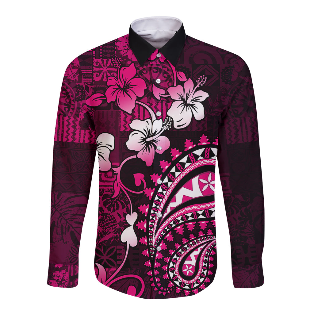 Fiji Masi Paisley With Hibiscus Tapa Long Sleeve Button Shirt Pink Version LT01 Unisex Pink - Polynesian Pride