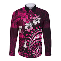 Fiji Masi Paisley With Hibiscus Tapa Long Sleeve Button Shirt Pink Version LT01 Unisex Pink - Polynesian Pride