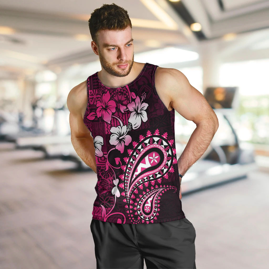 Fiji Masi Paisley With Hibiscus Tapa Men Tank Top Pink Version LT01 Pink - Polynesian Pride