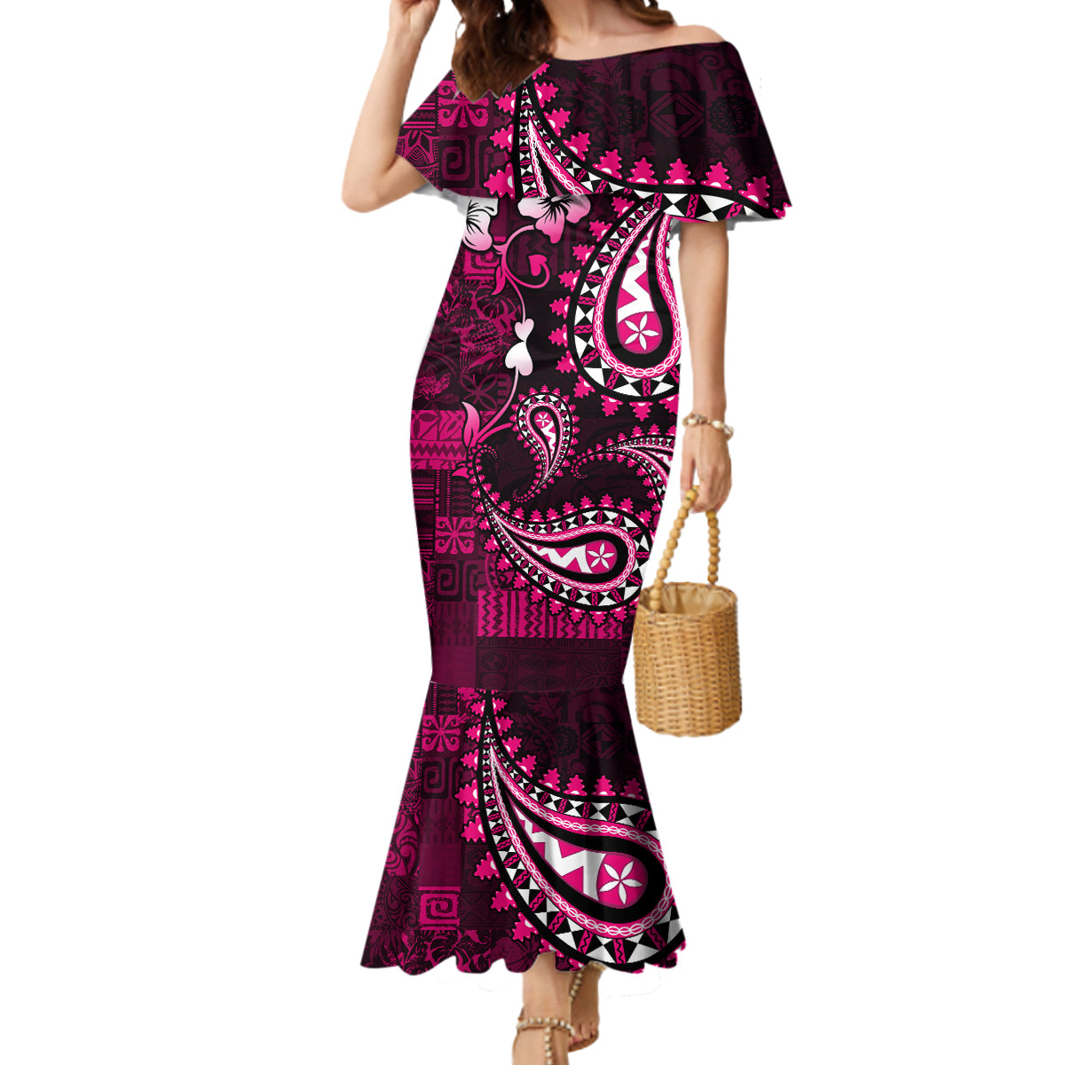 Fiji Masi Paisley With Hibiscus Tapa Mermaid Dress Pink Version LT01 Women Pink - Polynesian Pride