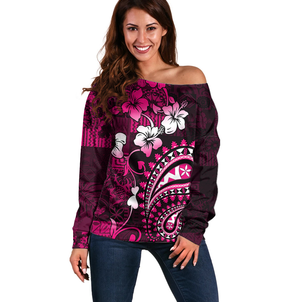 Fiji Masi Paisley With Hibiscus Tapa Off Shoulder Sweater Pink Version LT01 Women Pink - Polynesian Pride