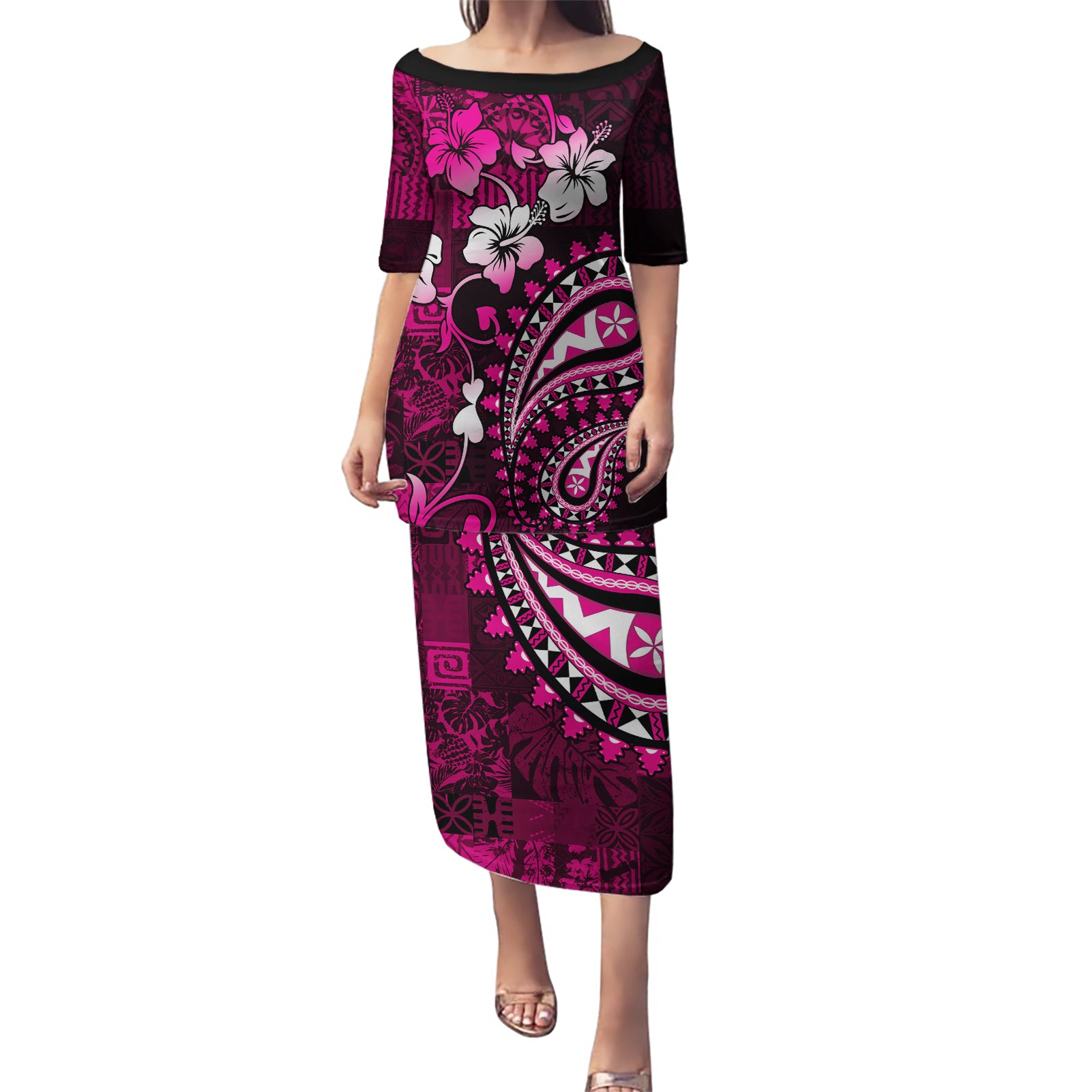 Fiji Masi Paisley With Hibiscus Tapa Puletasi Pink Version LT01 Long Dress Pink - Polynesian Pride