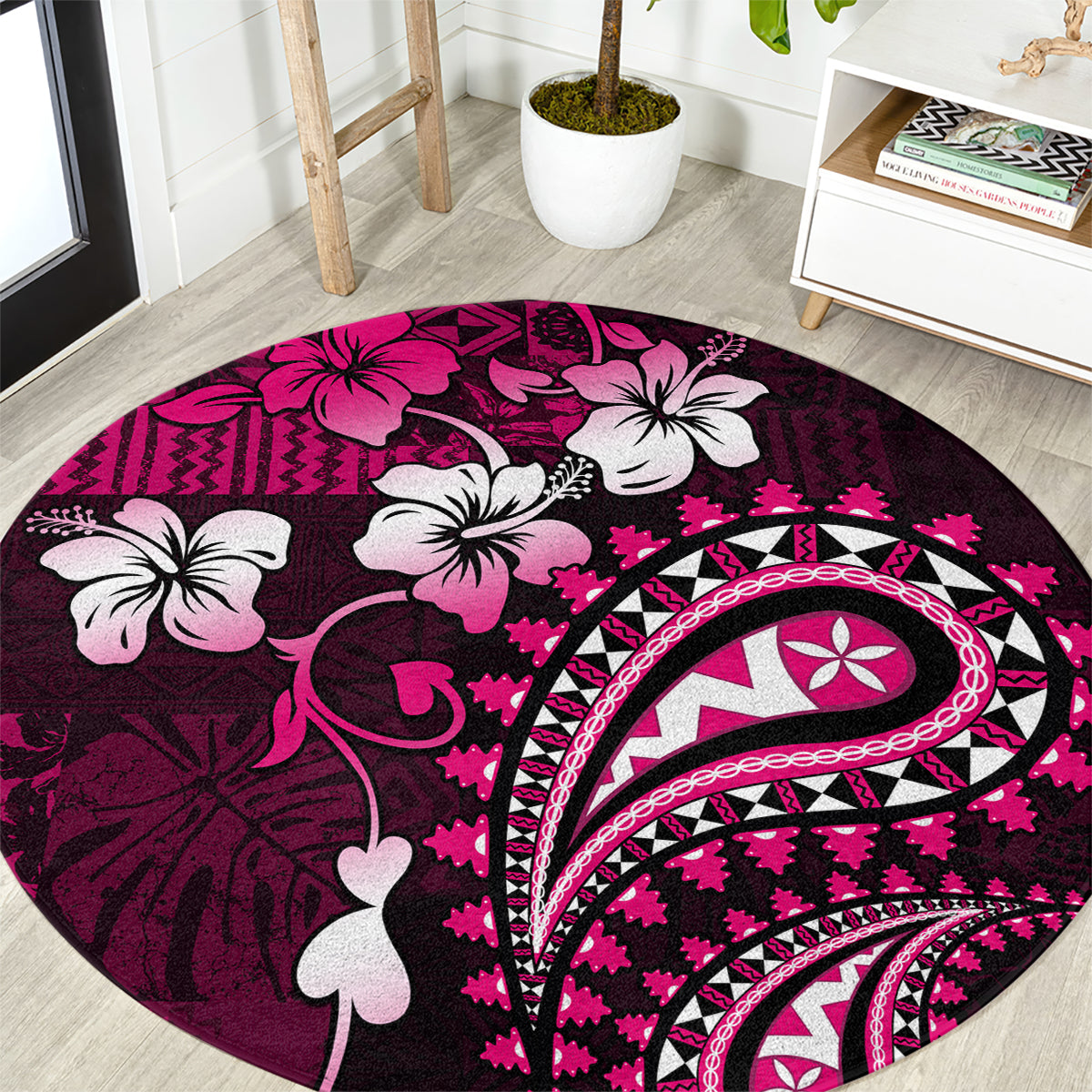 Fiji Masi Paisley With Hibiscus Tapa Round Carpet Pink Version LT01 Pink - Polynesian Pride