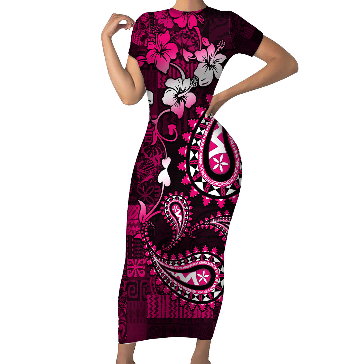 Fiji Masi Paisley With Hibiscus Tapa Short Sleeve Bodycon Dress Pink Version LT01 Long Dress Pink - Polynesian Pride