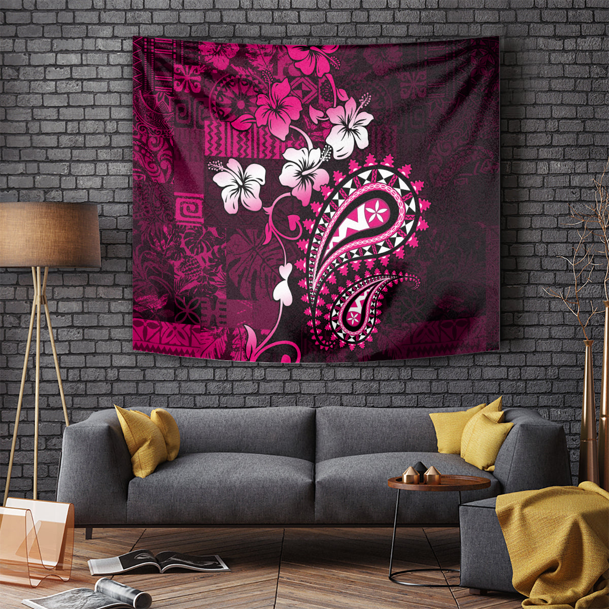 Fiji Masi Paisley With Hibiscus Tapa Tapestry Pink Version LT01 Pink - Polynesian Pride