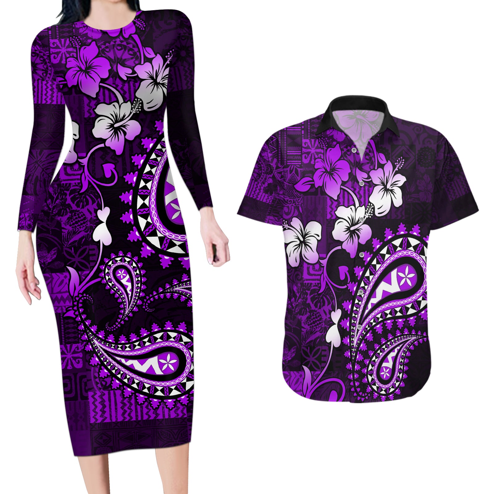 Fiji Masi Paisley Couples Matching Long Sleeve Bodycon Dress and Hawaiian Shirt Fijian Hibiscus Tapa Purple Version LT01 Purple - Polynesian Pride