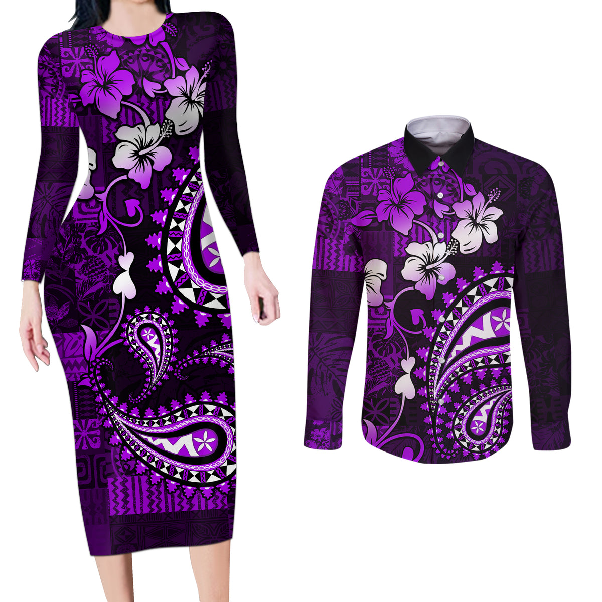 Fiji Masi Paisley Couples Matching Long Sleeve Bodycon Dress and Long Sleeve Button Shirt Fijian Hibiscus Tapa Purple Version LT01 Purple - Polynesian Pride