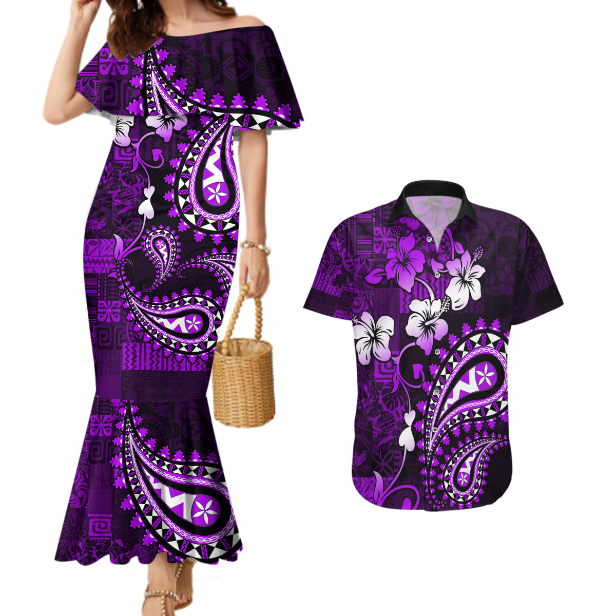 Fiji Masi Paisley Couples Matching Mermaid Dress and Hawaiian Shirt Fijian Hibiscus Tapa Purple Version LT01 Purple - Polynesian Pride