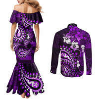 Fiji Masi Paisley Couples Matching Mermaid Dress and Long Sleeve Button Shirt Fijian Hibiscus Tapa Purple Version LT01 - Polynesian Pride
