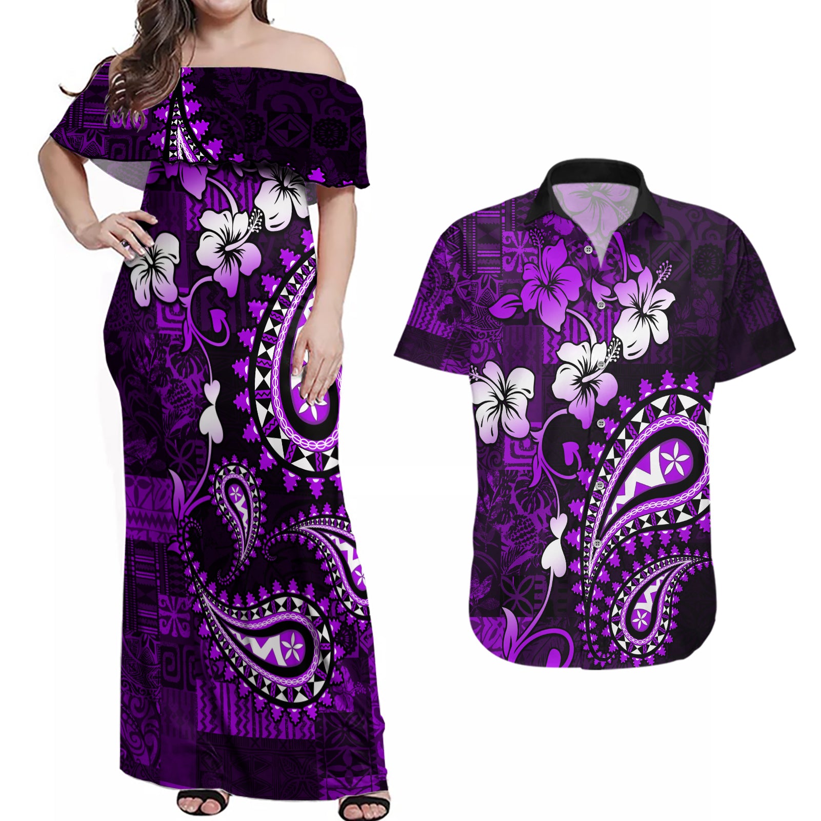 Fiji Masi Paisley Couples Matching Off Shoulder Maxi Dress and Hawaiian Shirt Fijian Hibiscus Tapa Purple Version LT01 Purple - Polynesian Pride