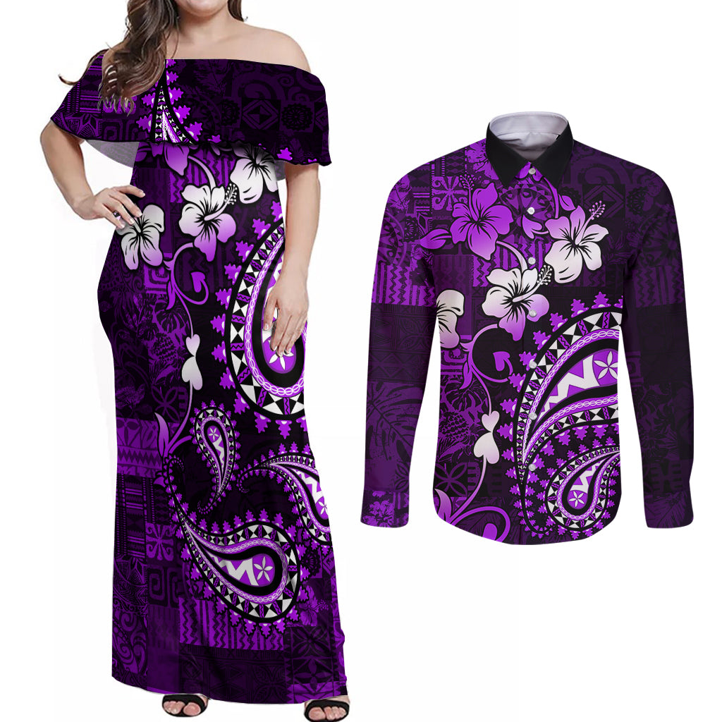 Fiji Masi Paisley Couples Matching Off Shoulder Maxi Dress and Long Sleeve Button Shirt Fijian Hibiscus Tapa Purple Version LT01 Purple - Polynesian Pride