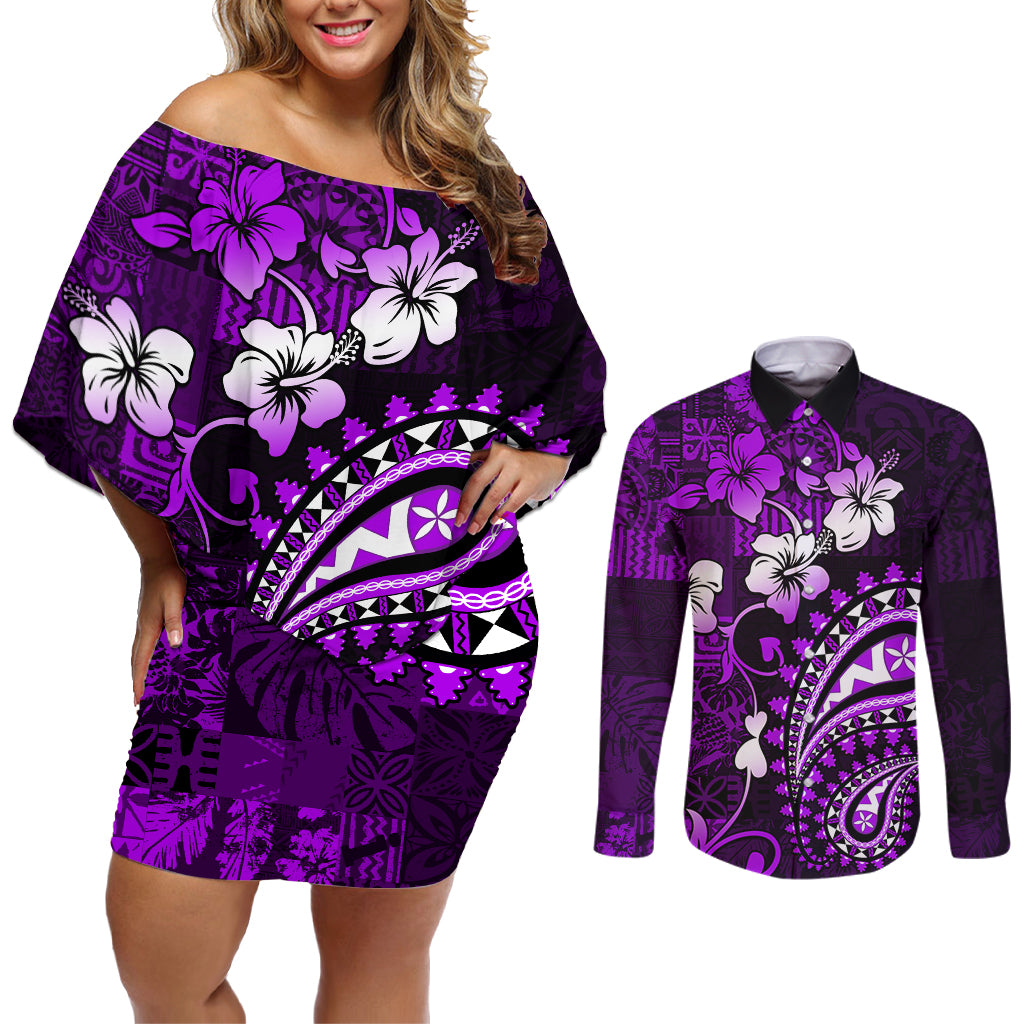 Fiji Masi Paisley Couples Matching Off Shoulder Short Dress and Long Sleeve Button Shirt Fijian Hibiscus Tapa Purple Version LT01 Purple - Polynesian Pride