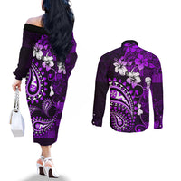 Fiji Masi Paisley Couples Matching Off The Shoulder Long Sleeve Dress and Long Sleeve Button Shirt Fijian Hibiscus Tapa Purple Version LT01 - Polynesian Pride
