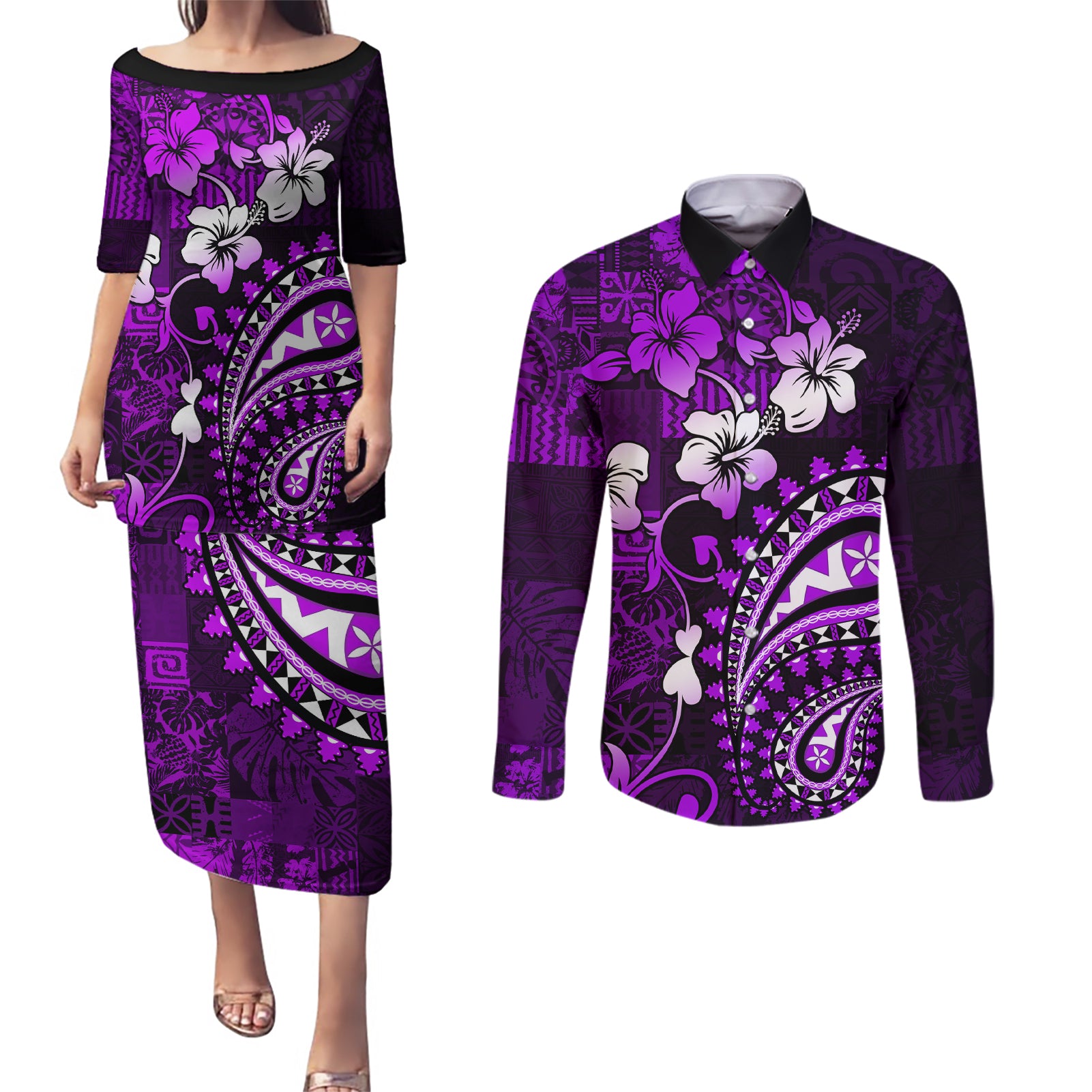 Fiji Masi Paisley Couples Matching Puletasi Dress and Long Sleeve Button Shirt Fijian Hibiscus Tapa Purple Version LT01 Purple - Polynesian Pride