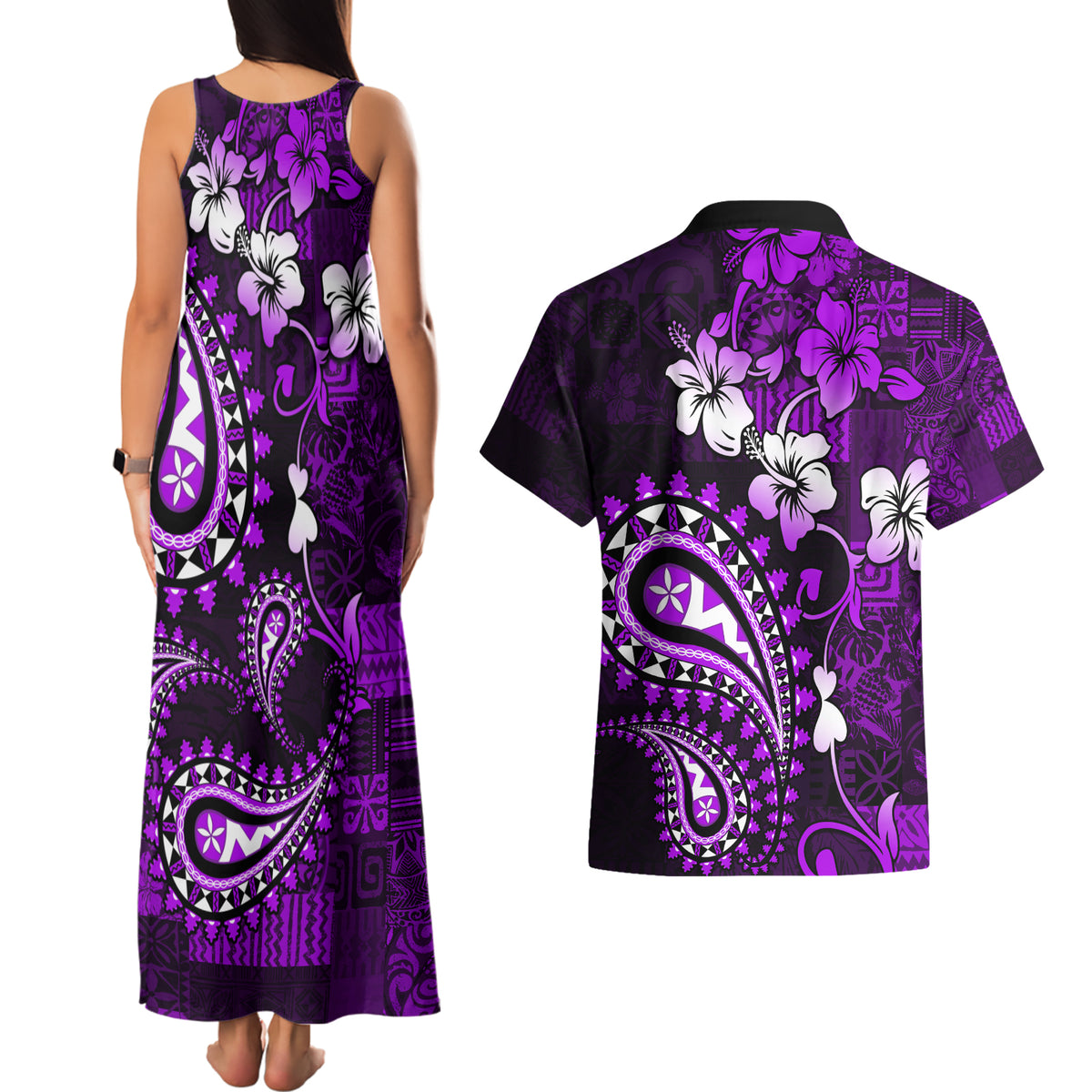 Fiji Masi Paisley Couples Matching Tank Maxi Dress and Hawaiian Shirt Fijian Hibiscus Tapa Purple Version LT01 - Polynesian Pride