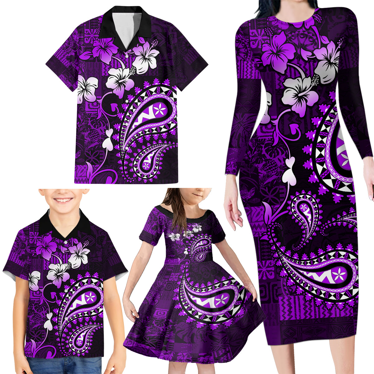 Fiji Masi Paisley Family Matching Long Sleeve Bodycon Dress and Hawaiian Shirt Fijian Hibiscus Tapa Purple Version LT01 - Polynesian Pride