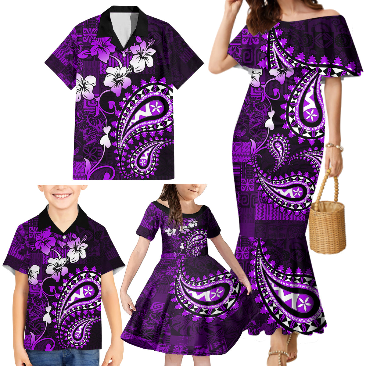 Fiji Masi Paisley Family Matching Mermaid Dress and Hawaiian Shirt Fijian Hibiscus Tapa Purple Version LT01 - Polynesian Pride