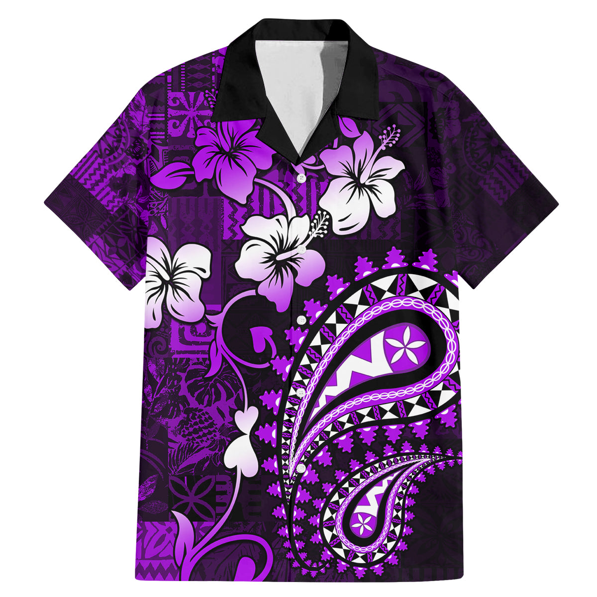 Fiji Masi Paisley Family Matching Mermaid Dress and Hawaiian Shirt Fijian Hibiscus Tapa Purple Version LT01 Dad's Shirt - Short Sleeve Purple - Polynesian Pride