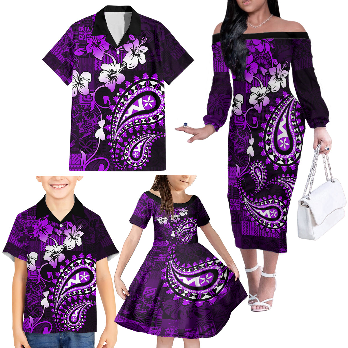 Fiji Masi Paisley Family Matching Off Shoulder Long Sleeve Dress and Hawaiian Shirt Fijian Hibiscus Tapa Purple Version LT01 - Polynesian Pride