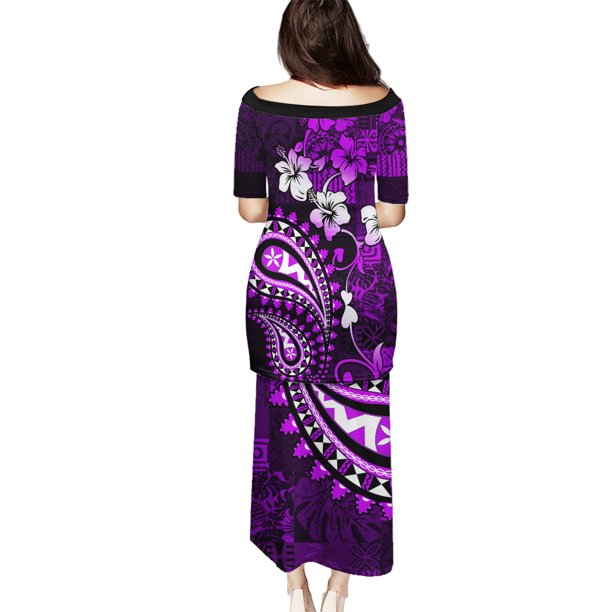 Fiji Masi Paisley Family Matching Puletasi Dress and Hawaiian Shirt Fijian Hibiscus Tapa Purple Version LT01 - Polynesian Pride