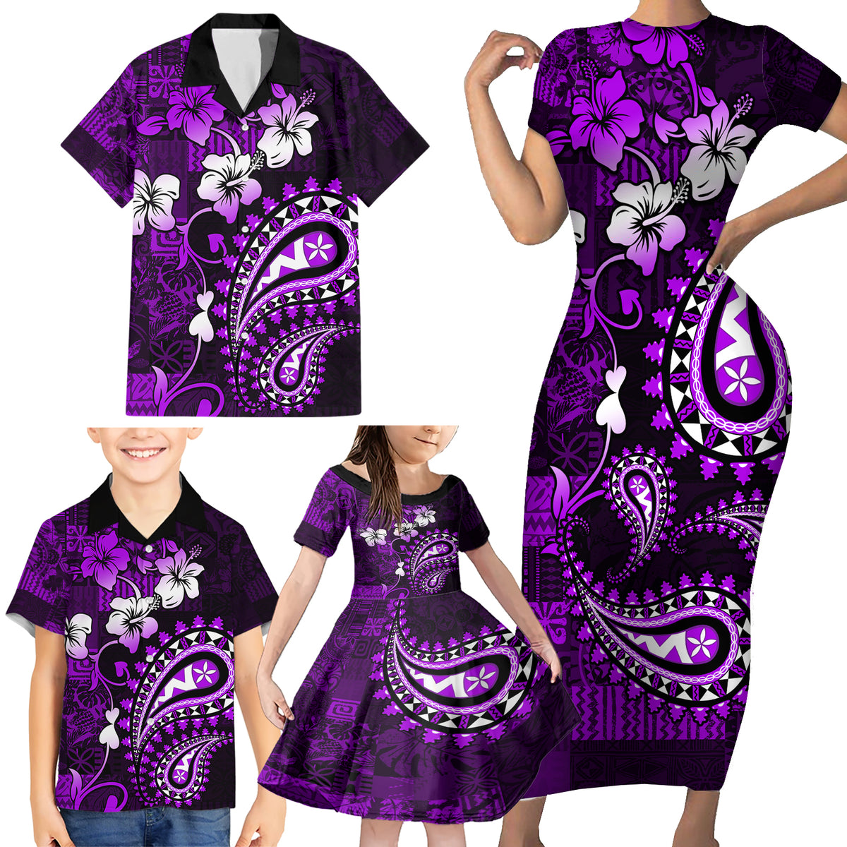 Fiji Masi Paisley Family Matching Short Sleeve Bodycon Dress and Hawaiian Shirt Fijian Hibiscus Tapa Purple Version LT01 - Polynesian Pride