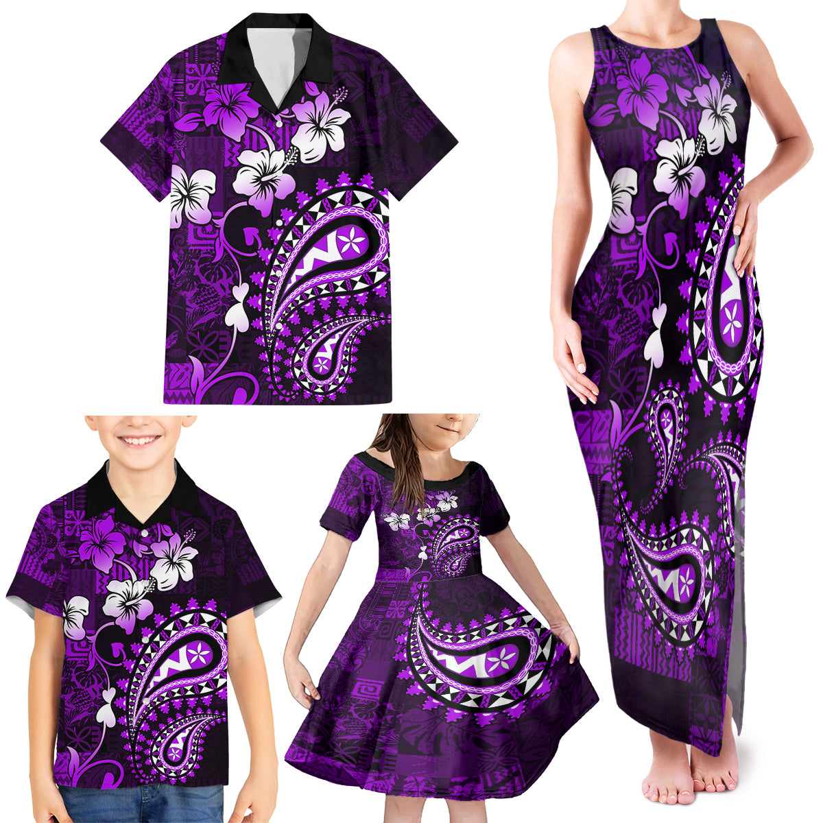 Fiji Masi Paisley Family Matching Tank Maxi Dress and Hawaiian Shirt Fijian Hibiscus Tapa Purple Version LT01 - Polynesian Pride