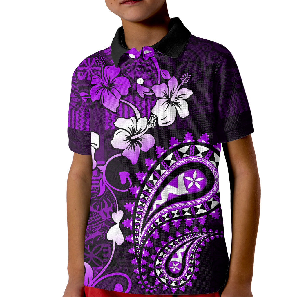 Fiji Masi Paisley Kid Polo Shirt Fijian Hibiscus Tapa Purple Version LT01 Kid Purple - Polynesian Pride