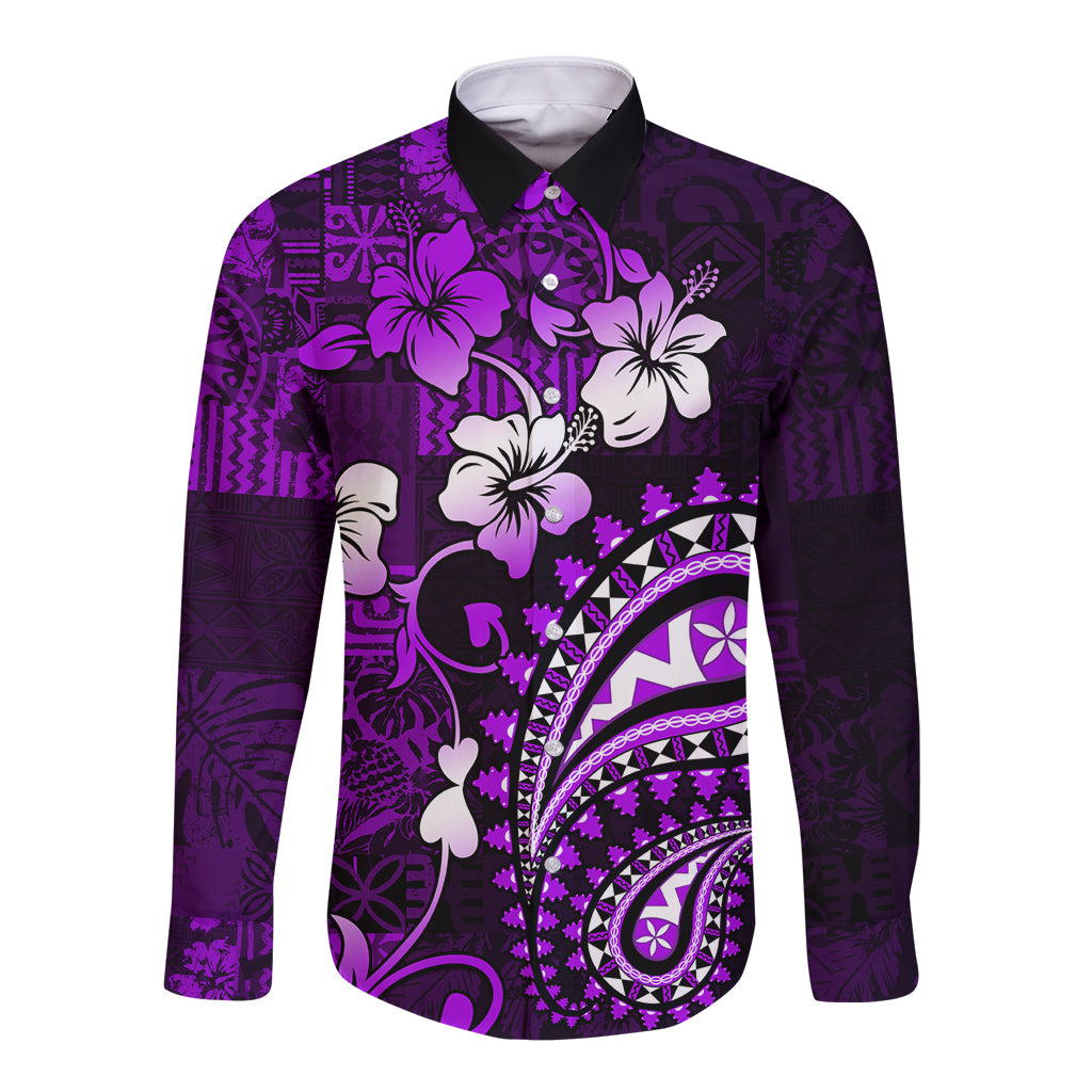 Fiji Masi Paisley Long Sleeve Button Shirt Fijian Hibiscus Tapa Purple Version LT01 Unisex Purple - Polynesian Pride