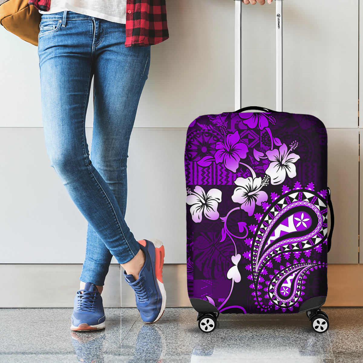 Fiji Masi Paisley Luggage Cover Fijian Hibiscus Tapa Purple Version LT01 - Polynesian Pride