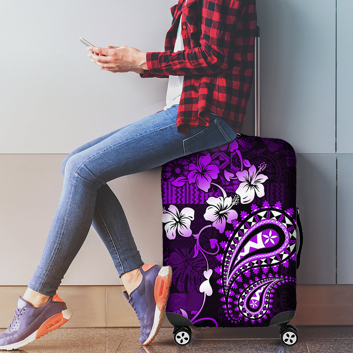 Fiji Masi Paisley Luggage Cover Fijian Hibiscus Tapa Purple Version LT01 - Polynesian Pride