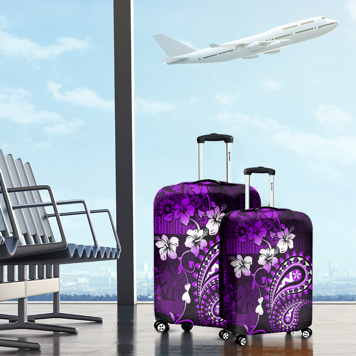 Fiji Masi Paisley Luggage Cover Fijian Hibiscus Tapa Purple Version LT01 - Polynesian Pride