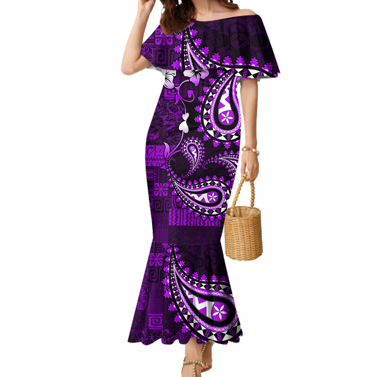 Fiji Masi Paisley Mermaid Dress Fijian Hibiscus Tapa Purple Version LT01 Women Purple - Polynesian Pride