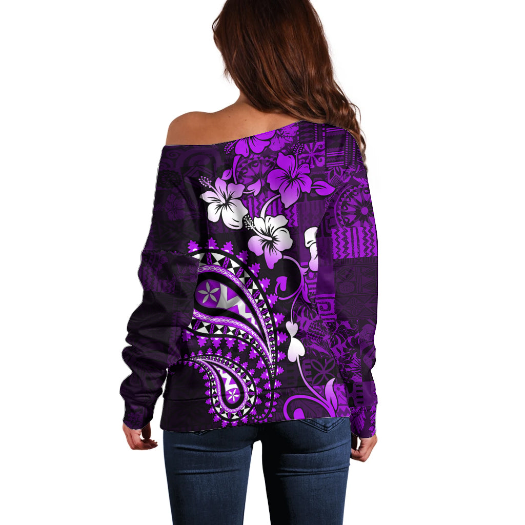 Fiji Masi Paisley Off Shoulder Sweater Fijian Hibiscus Tapa Purple Version LT01 - Polynesian Pride