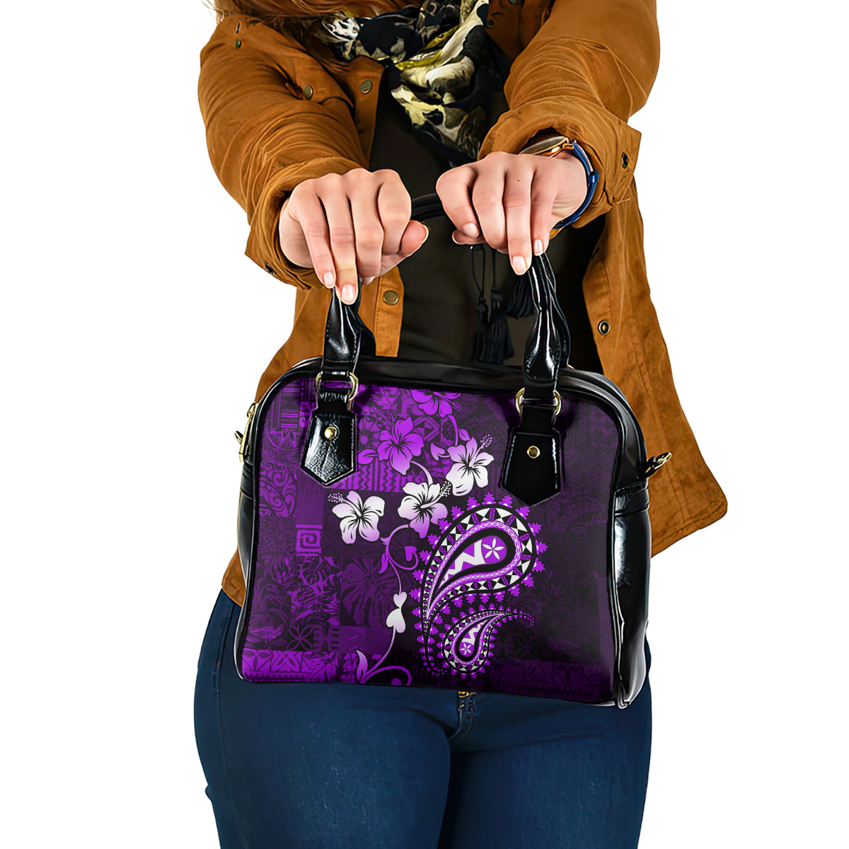 Fiji Masi Paisley Shoulder Handbag Fijian Hibiscus Tapa Purple Version LT01 One Size Purple - Polynesian Pride