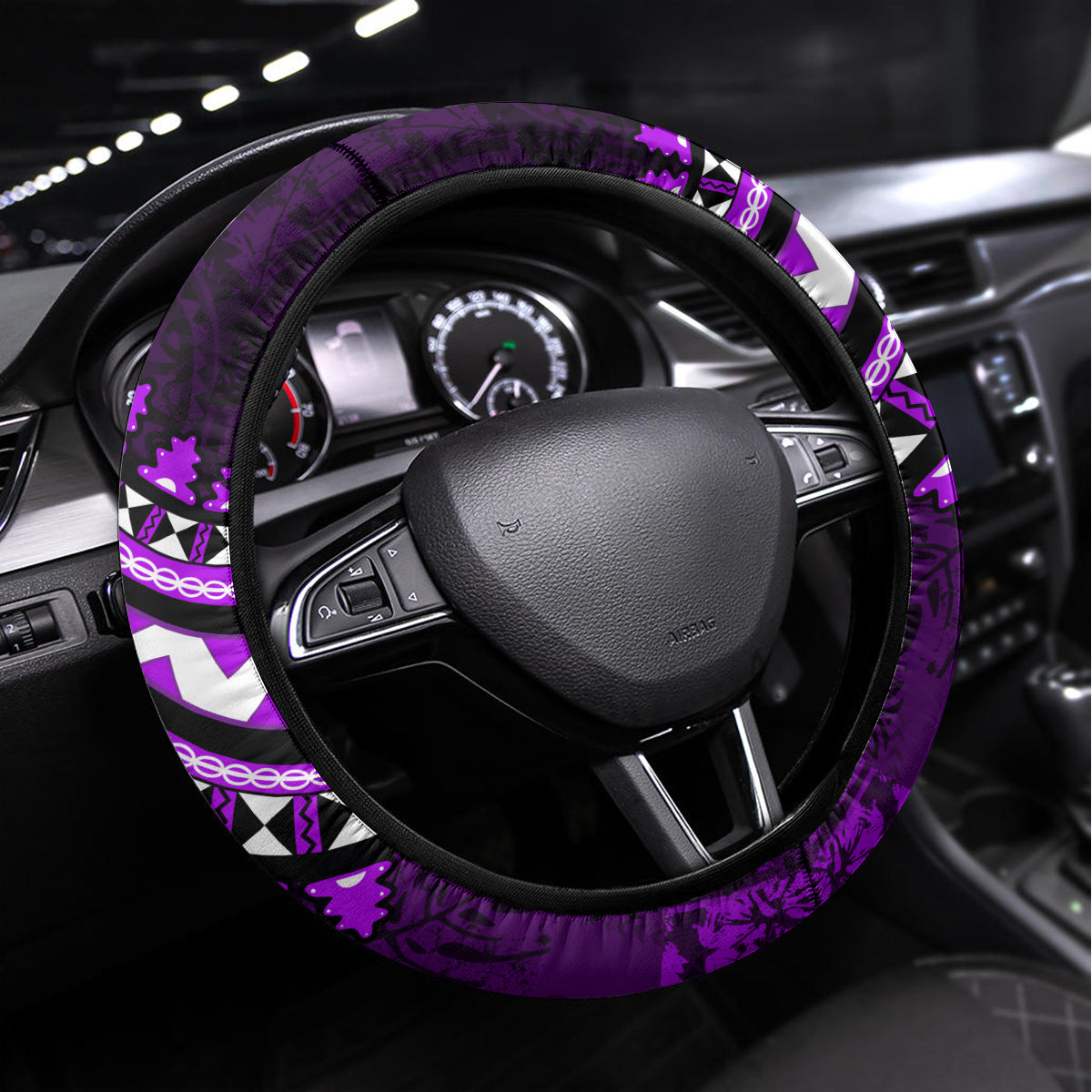 Fiji Masi Paisley Steering Wheel Cover Fijian Hibiscus Tapa Purple Version