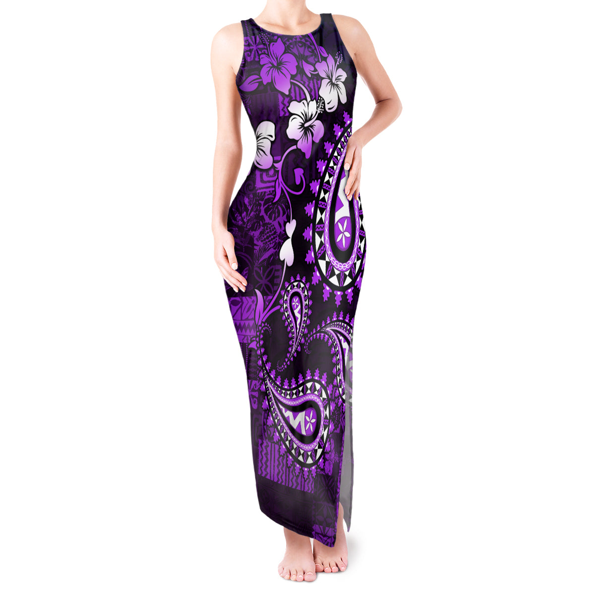 Fiji Masi Paisley Tank Maxi Dress Fijian Hibiscus Tapa Purple Version LT01 Women Purple - Polynesian Pride