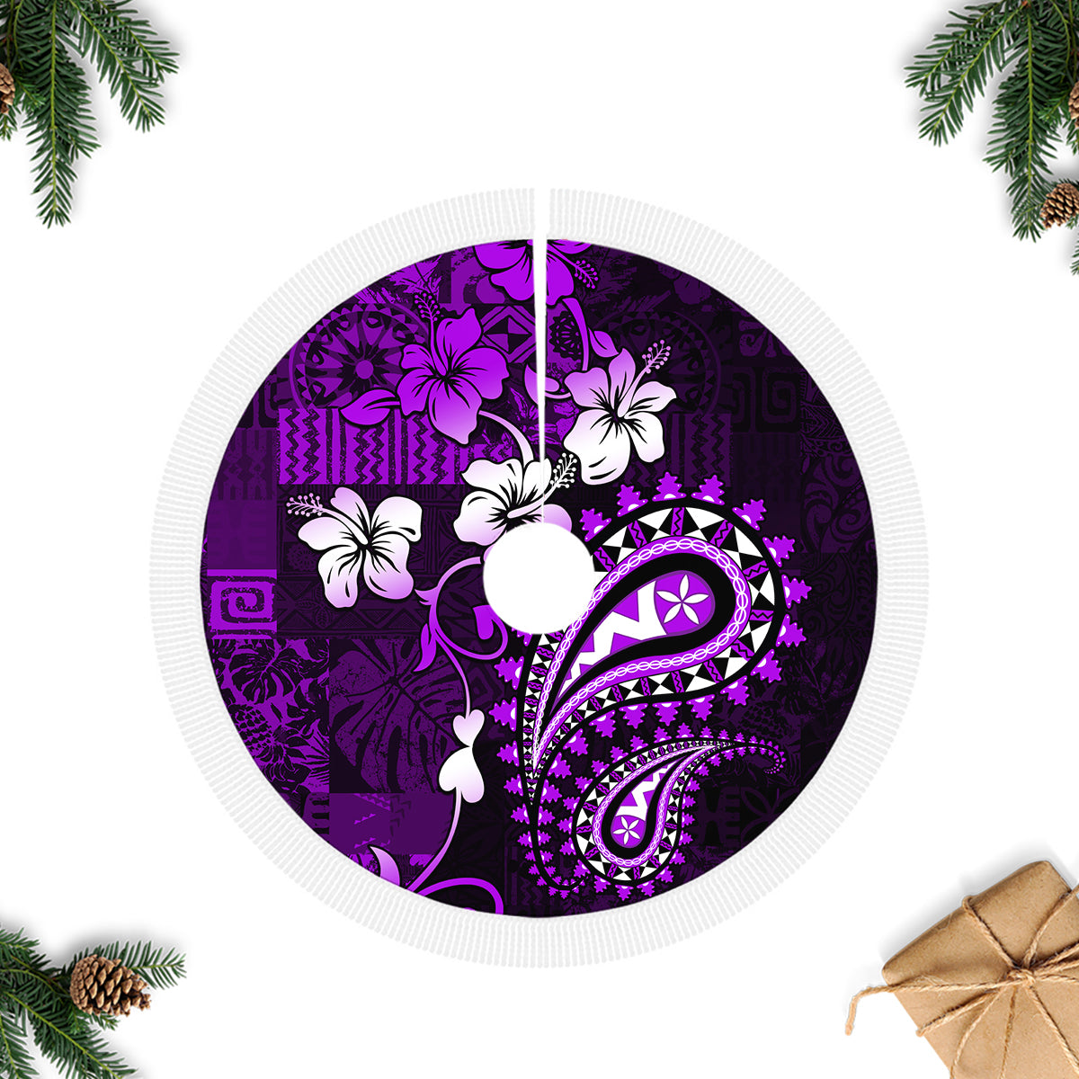 Fiji Masi Paisley Tree Skirt Fijian Hibiscus Tapa Purple Version LT01 Fringed Tree Skirts Purple - Polynesian Pride