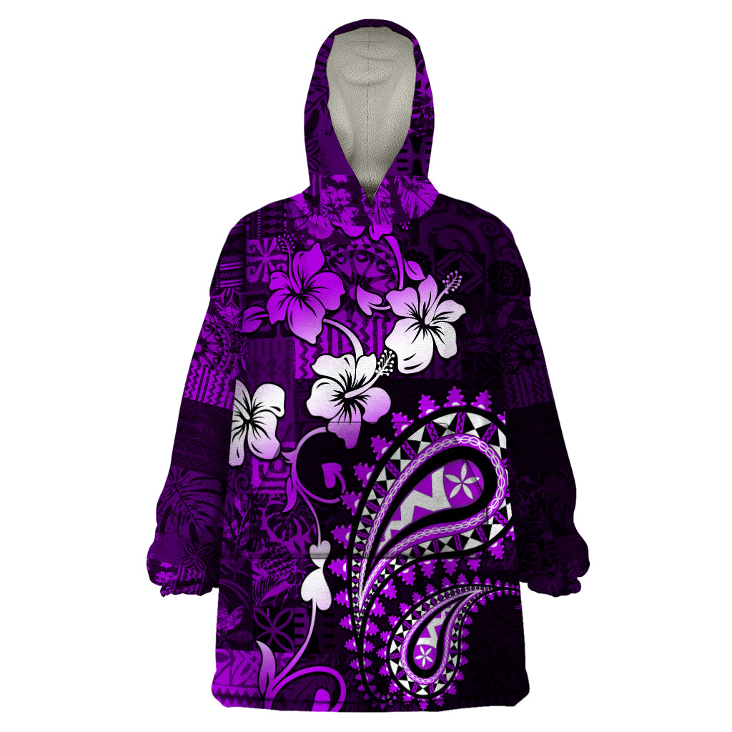 Fiji Masi Paisley Wearable Blanket Hoodie Fijian Hibiscus Tapa Purple Version LT01 One Size Purple - Polynesian Pride